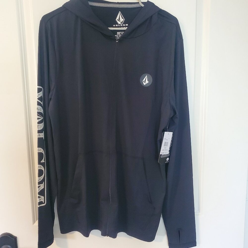 NWT Volcom Mens Rally Hooded Long Sleeve Thrashguard UV zip up shirt black M L